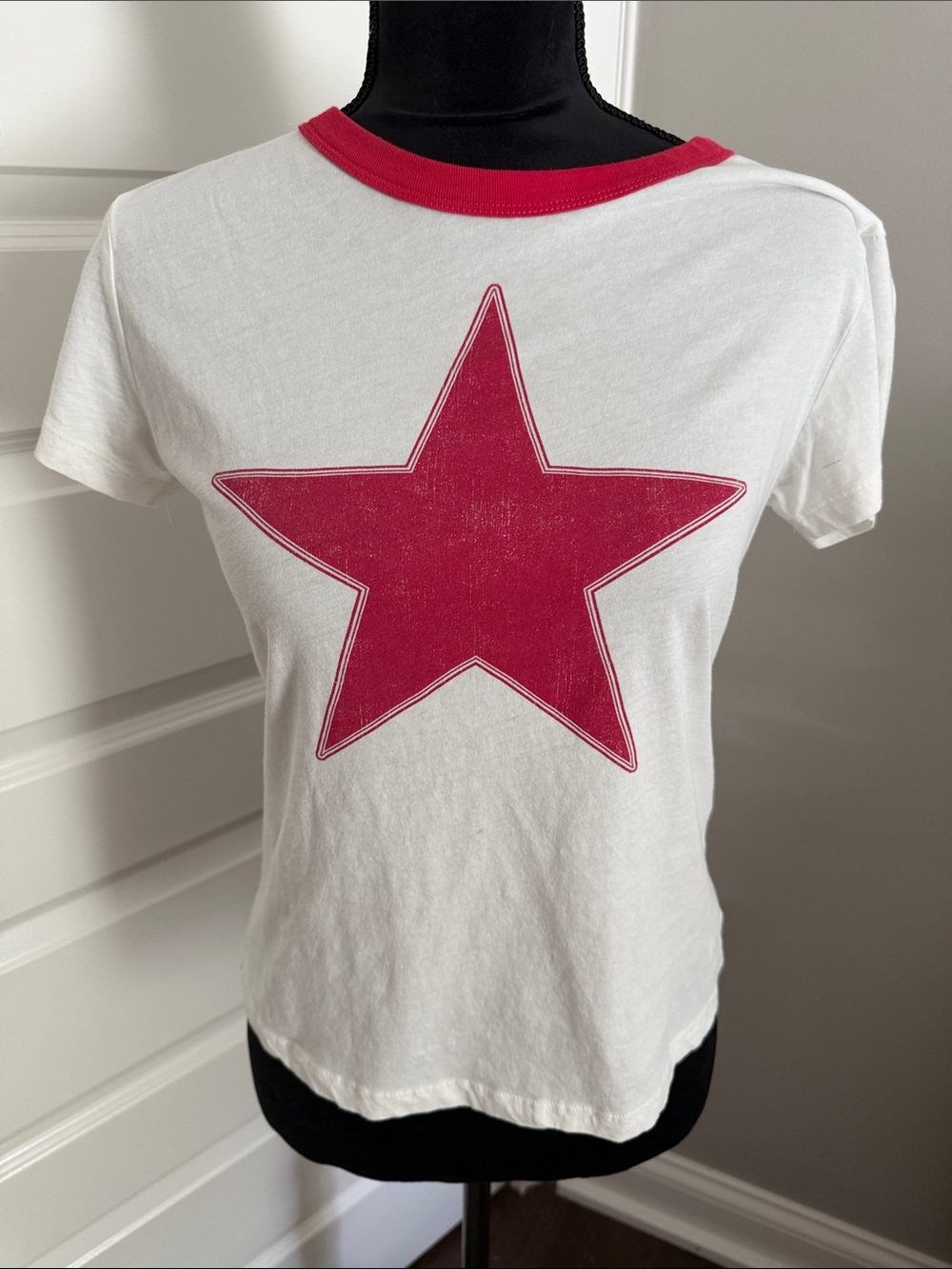 Women's White Short Sleeve Tee with Red Star Graphic